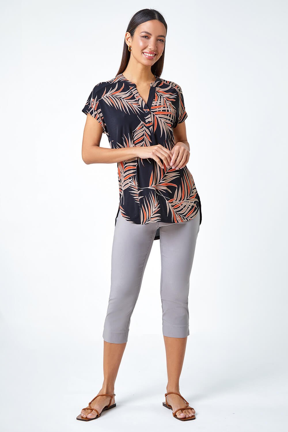 Rust Textured Tropical Print Overshirt Stretch Top, Image 2 of 5