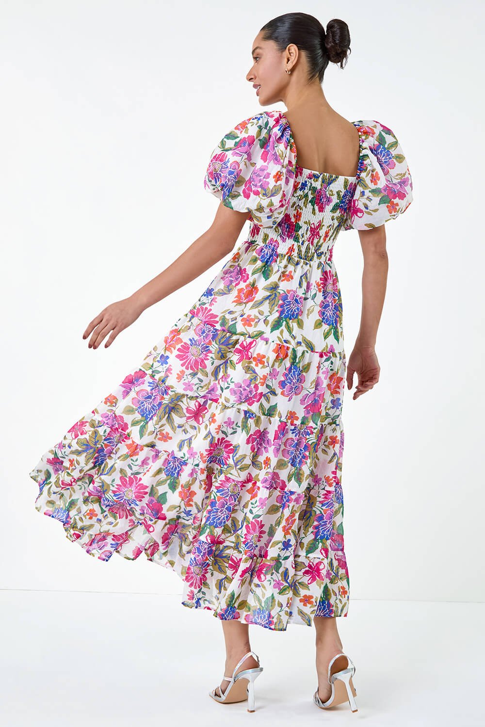 PINK Floral Tiered Puff Sleeve Midi Dress, Image 3 of 5