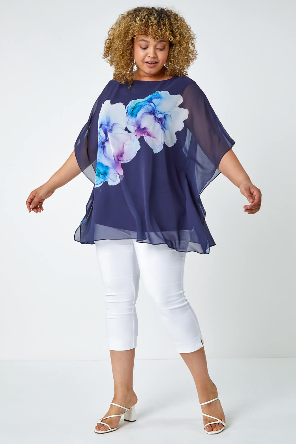 Navy  Curve Floral Chiffon Overlay Top, Image 4 of 5