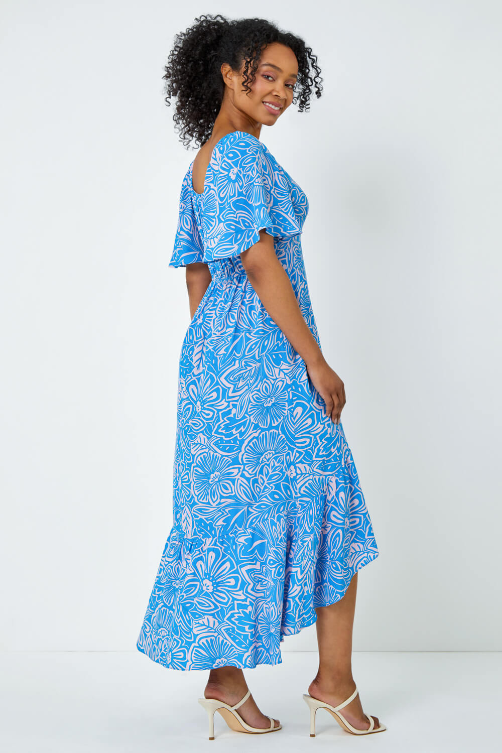Blue Petite Floral Print Ruched Midi Dress, Image 3 of 5