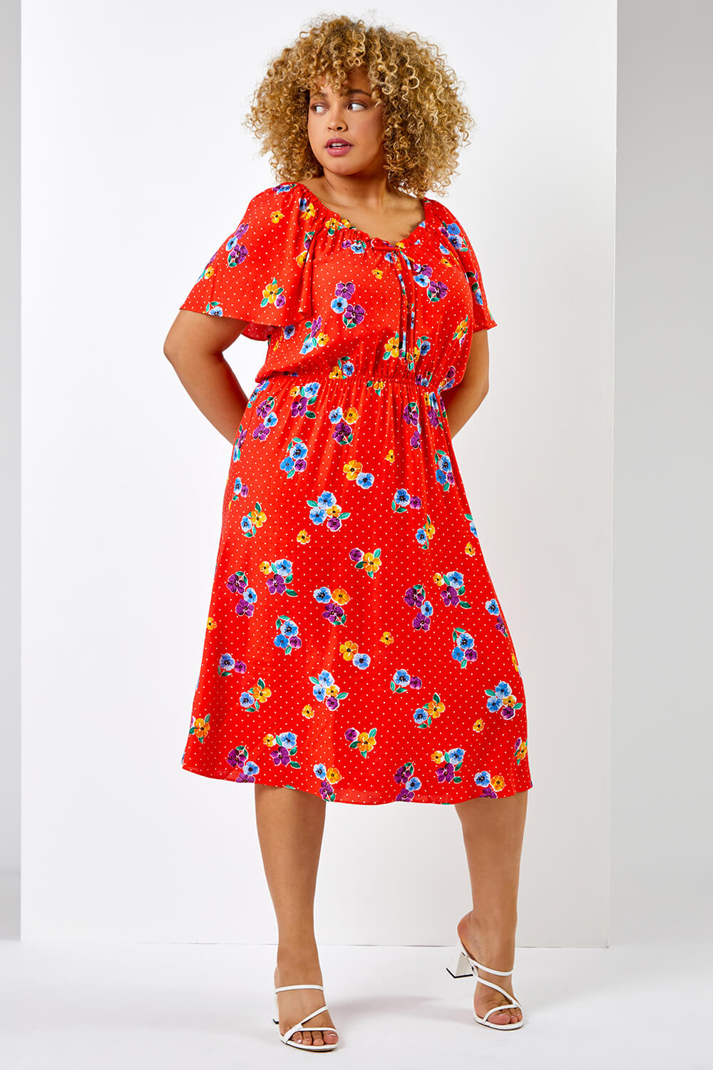 Red Curve Spot Floral Print Sweetheart Midi Dress, Image 3 of 5