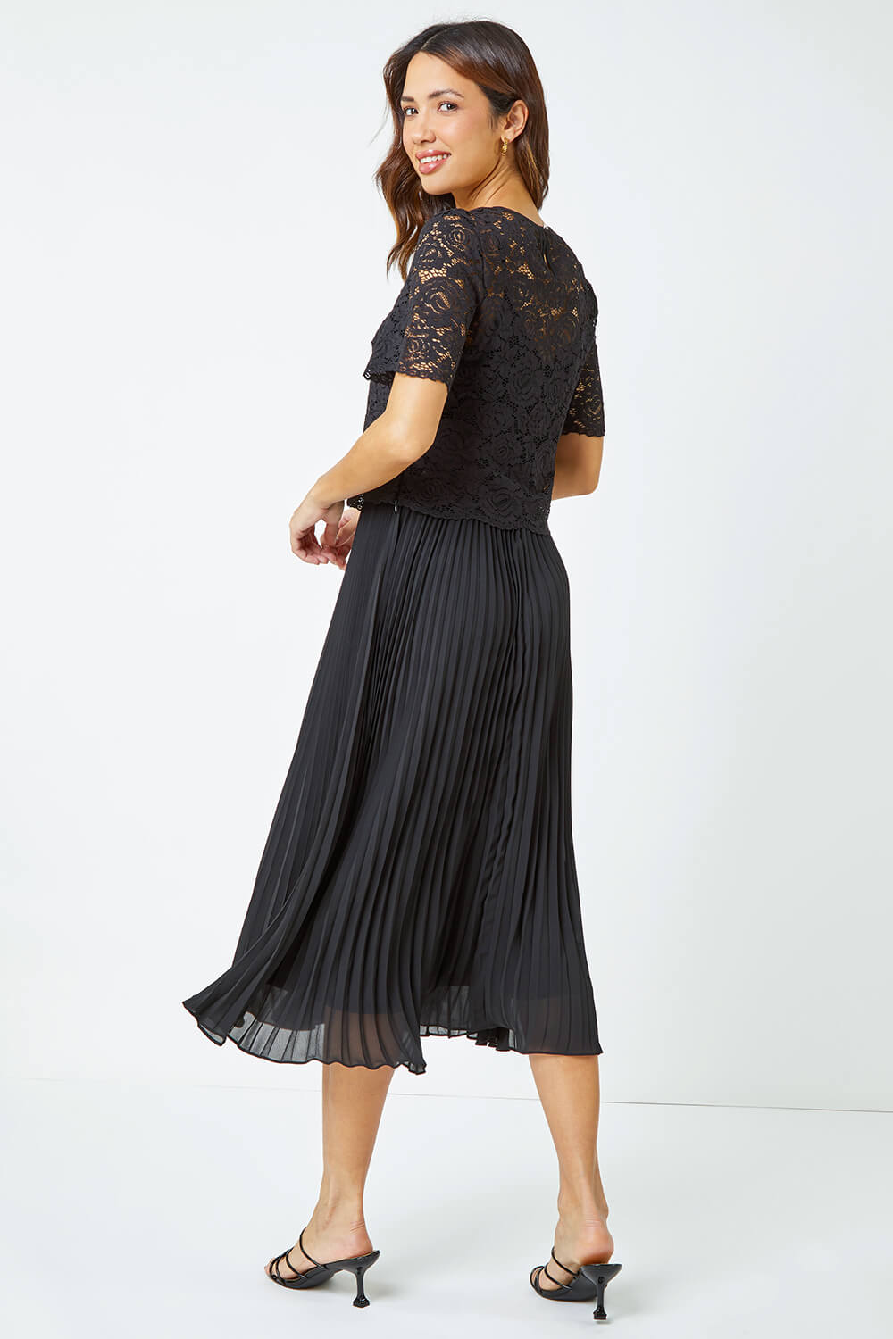 Black Lace Top Overlay Pleated Midi Dress, Image 3 of 5