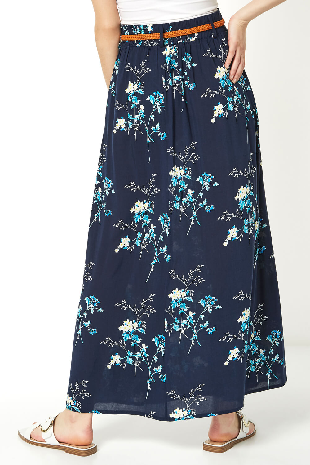 Navy  Floral Belted Maxi Skirt, Image 2 of 5