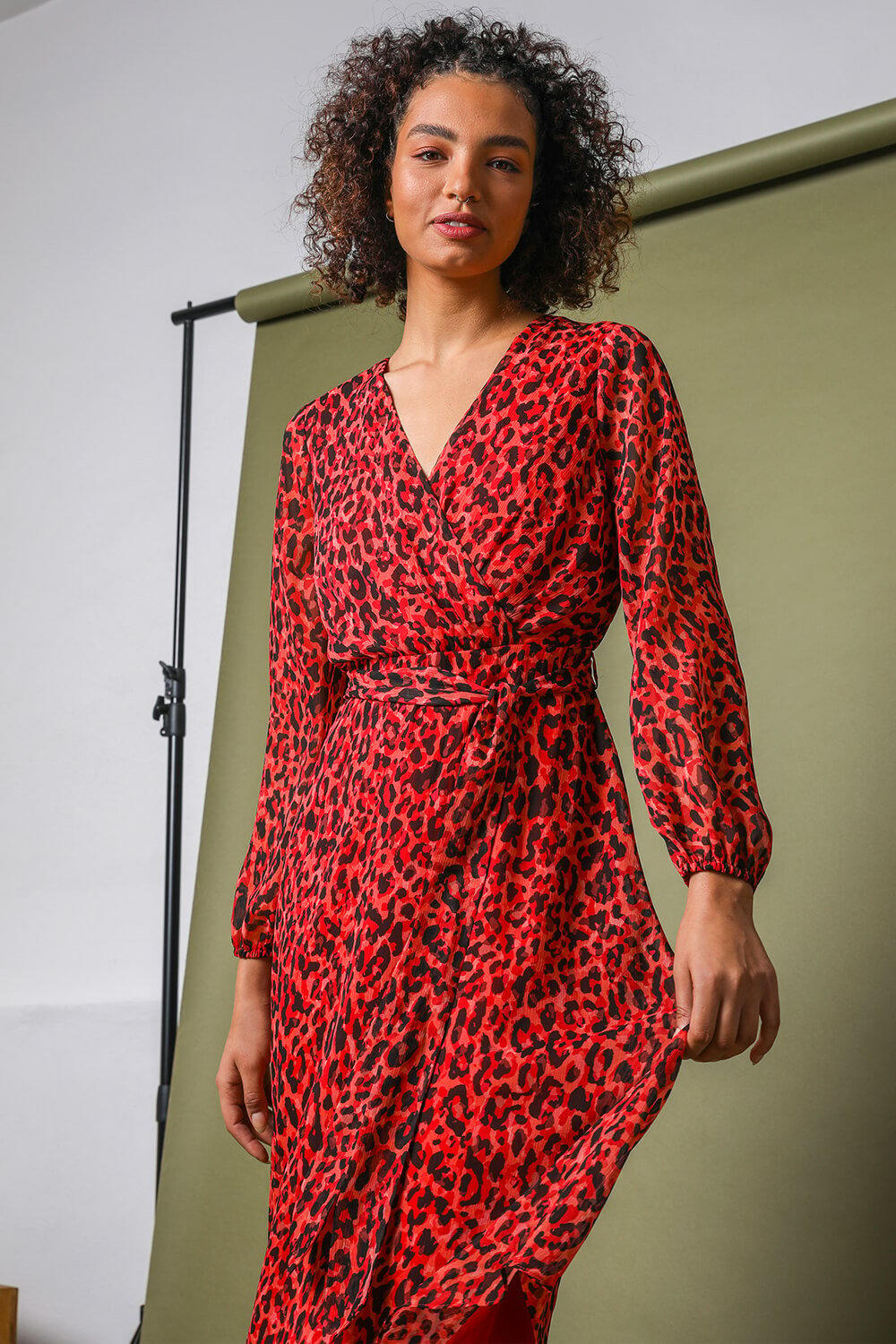 Red Animal Print Belted Wrap Dress, Image 3 of 5