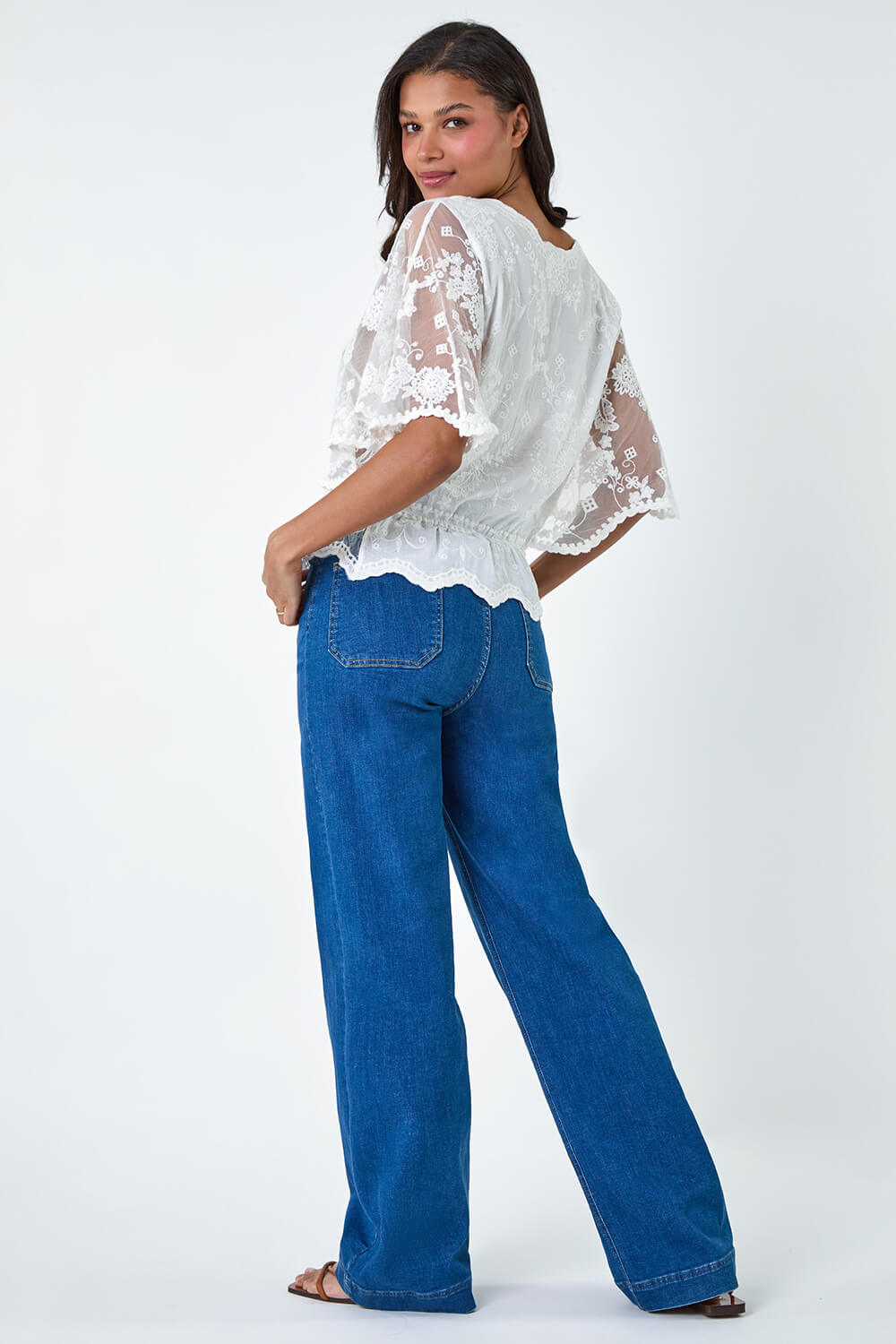 Ivory  Cotton Broderie Frill Top, Image 3 of 5