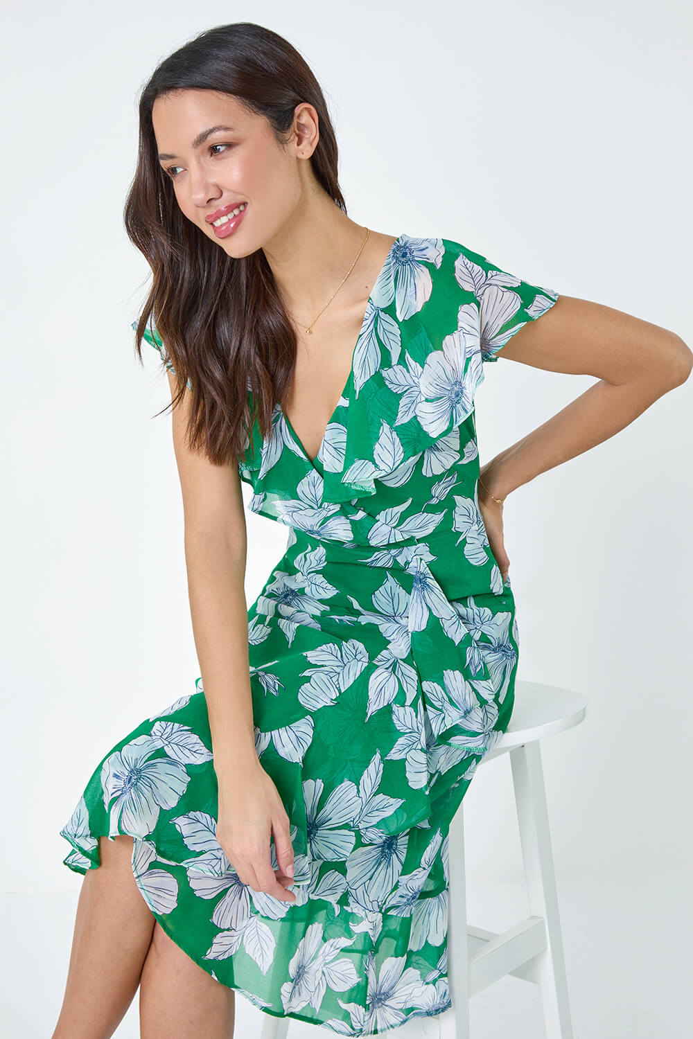 Floral Print Frill Midi Dress