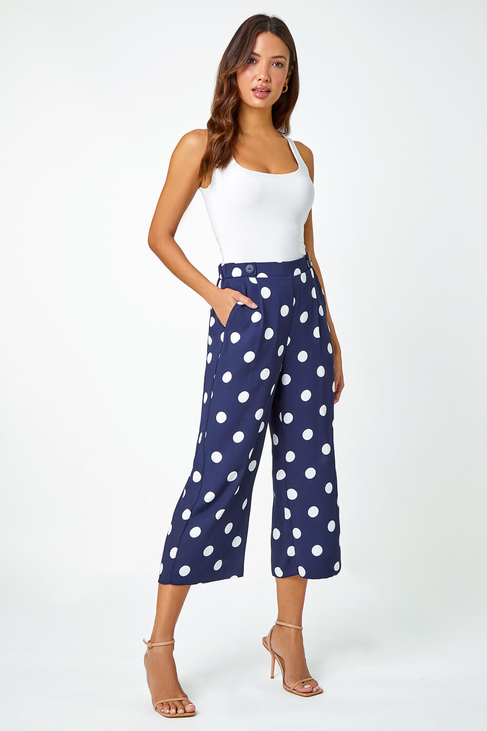 Navy  Polka Dot Culotte Trousers, Image 2 of 5