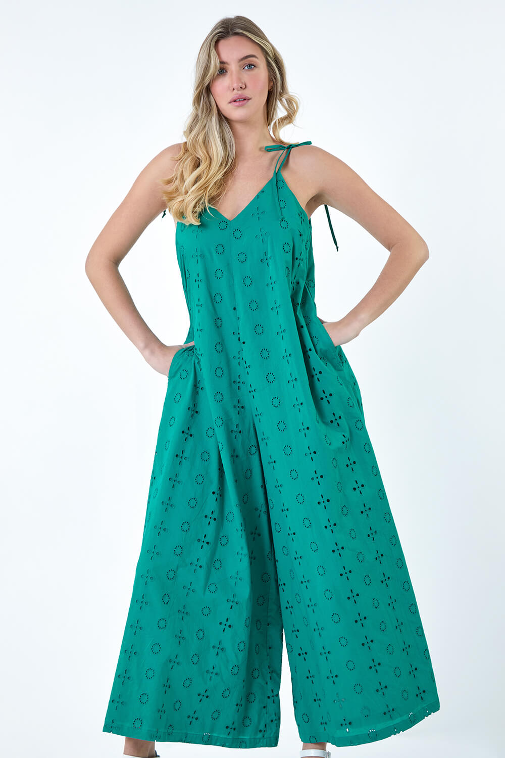 Turquoise Cotton Broderie Pocket Wide Leg Jumpsuit, Image 4 of 5