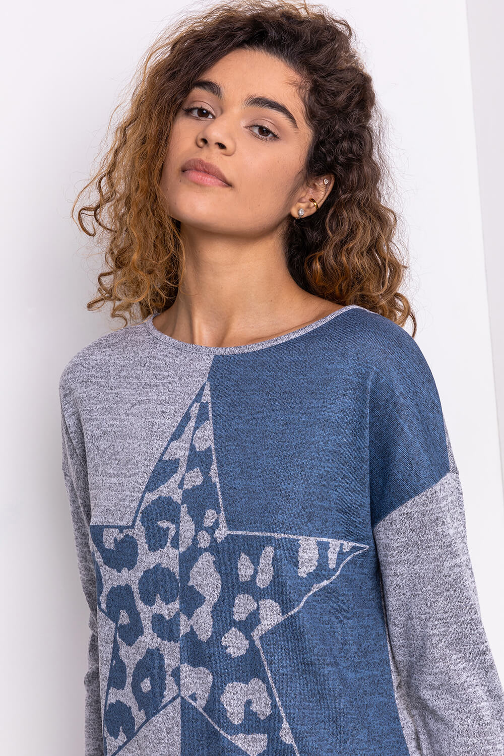 Blue Contrast Animal Print Soft Knit Jersey Top, Image 4 of 5