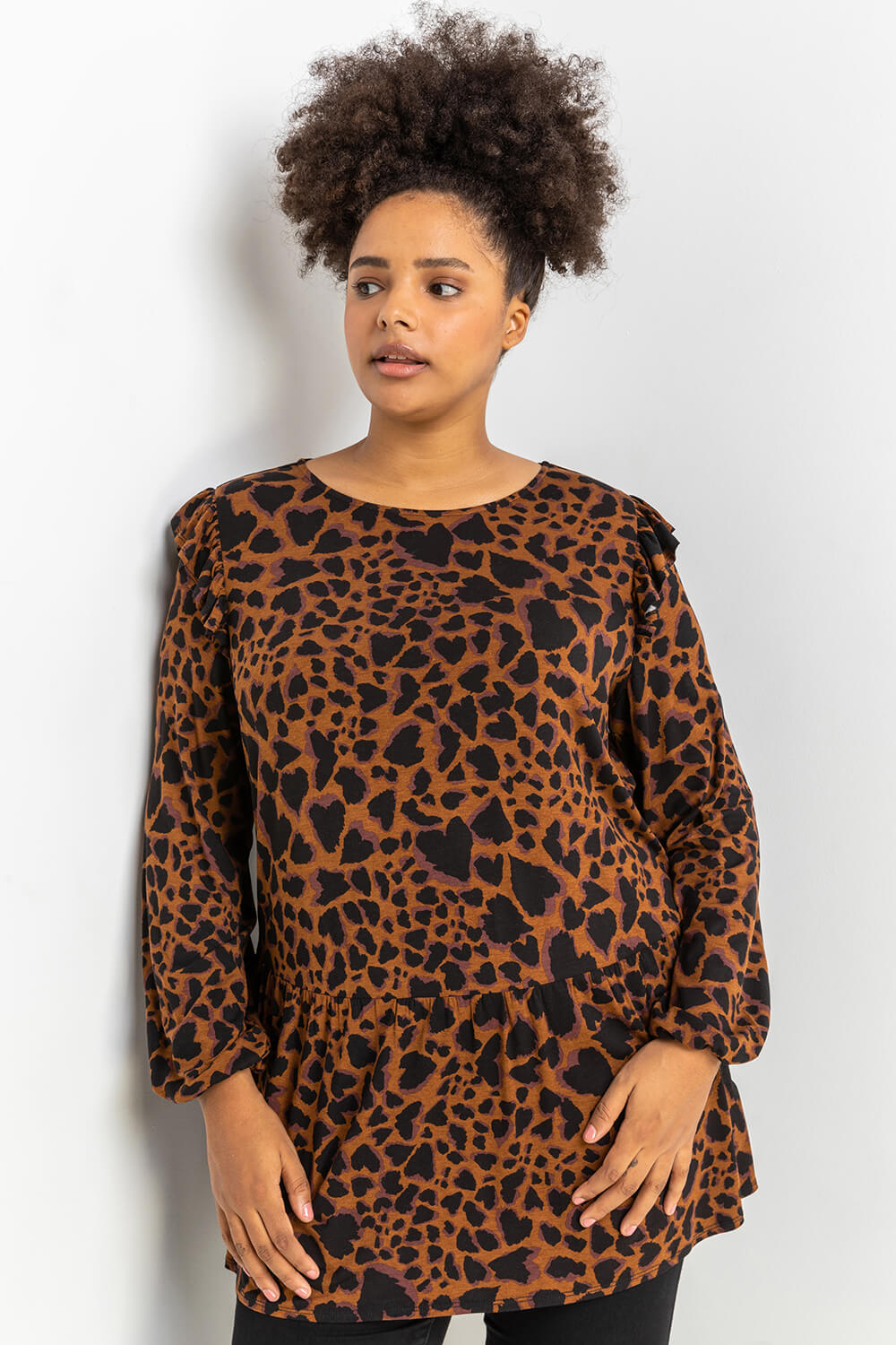 Coffee Curve Animal Print Frill Detail Tunic, Image 3 of 5