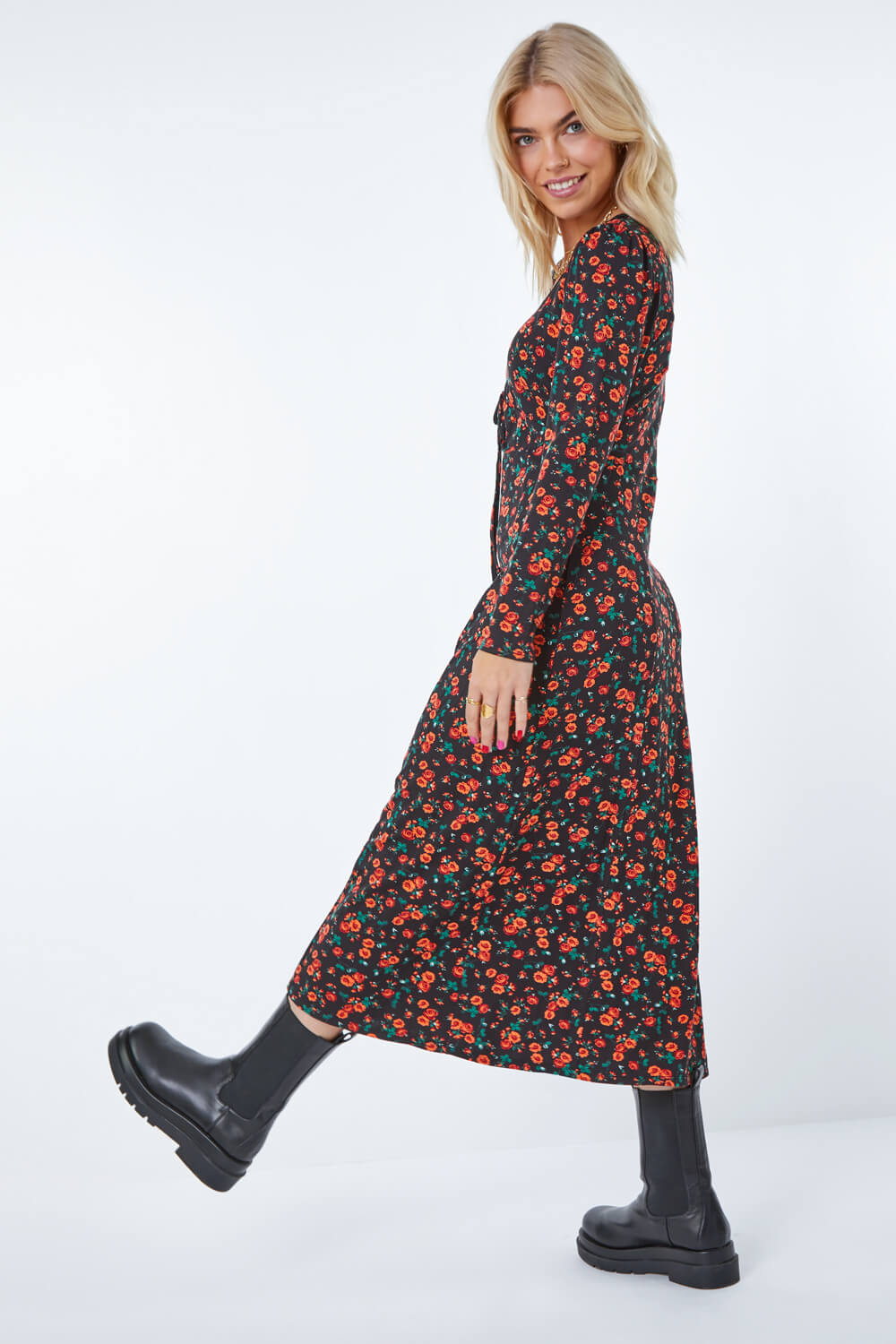 Red Lace Trim Ditsy Floral Midi Dress, Image 3 of 5