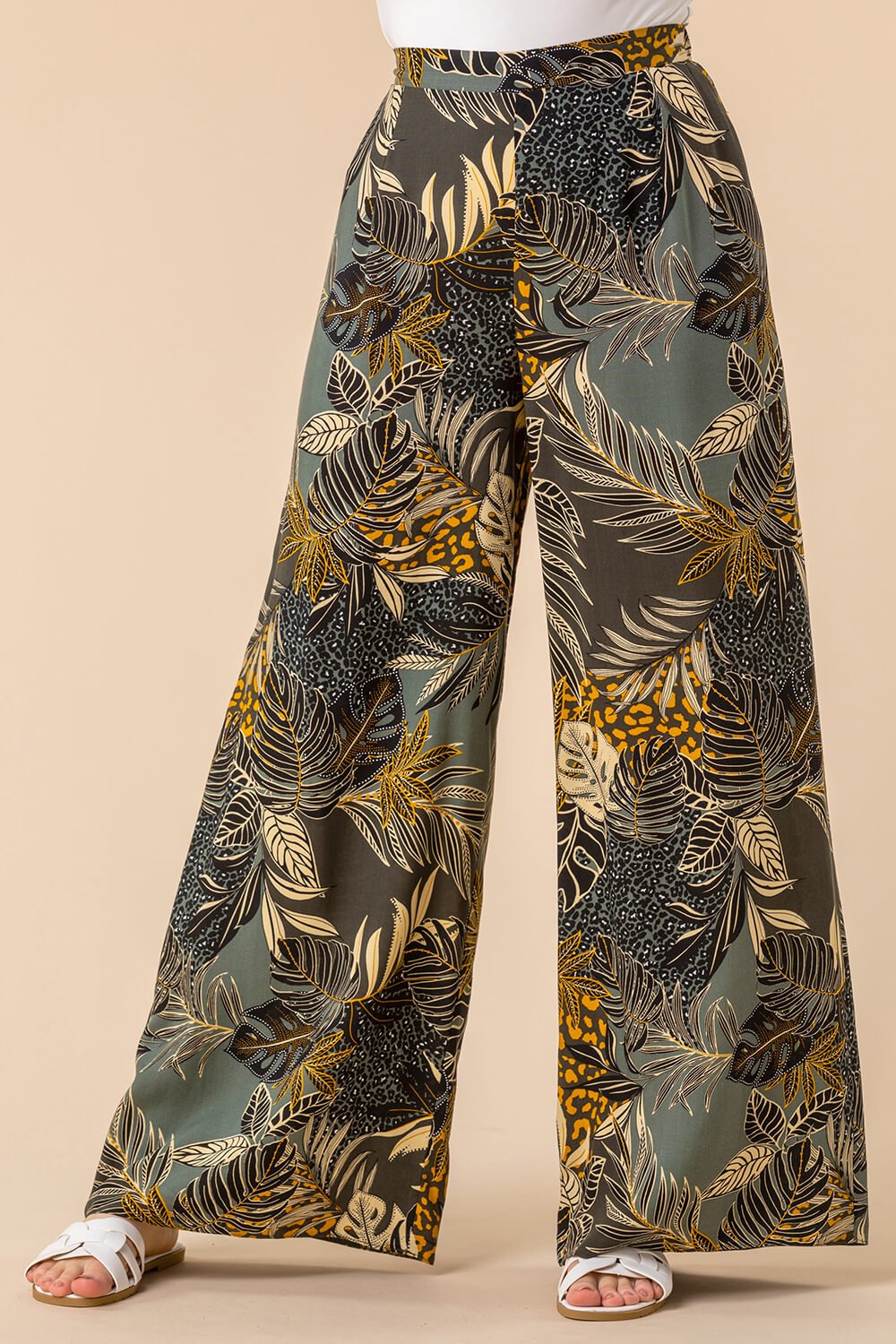 Tropical Print Wide Leg Trouser in Green - Roman Originals UK