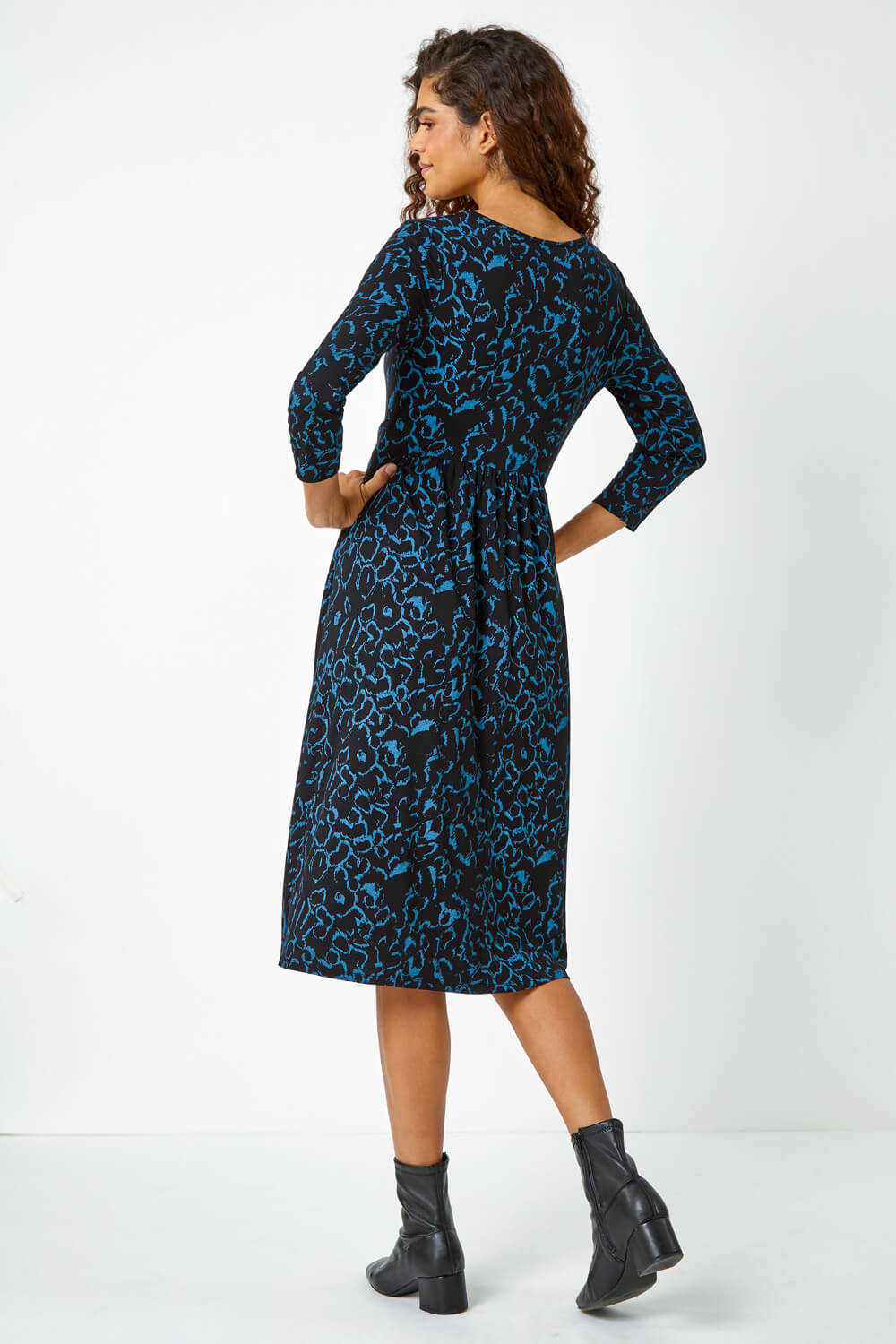 Blue Twist Waist Animal Print Stretch Dress, Image 3 of 5