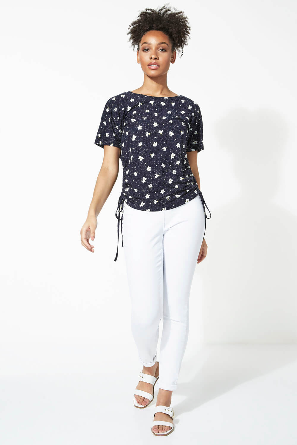Navy  Floral Spot Print Tie Side Top, Image 2 of 5