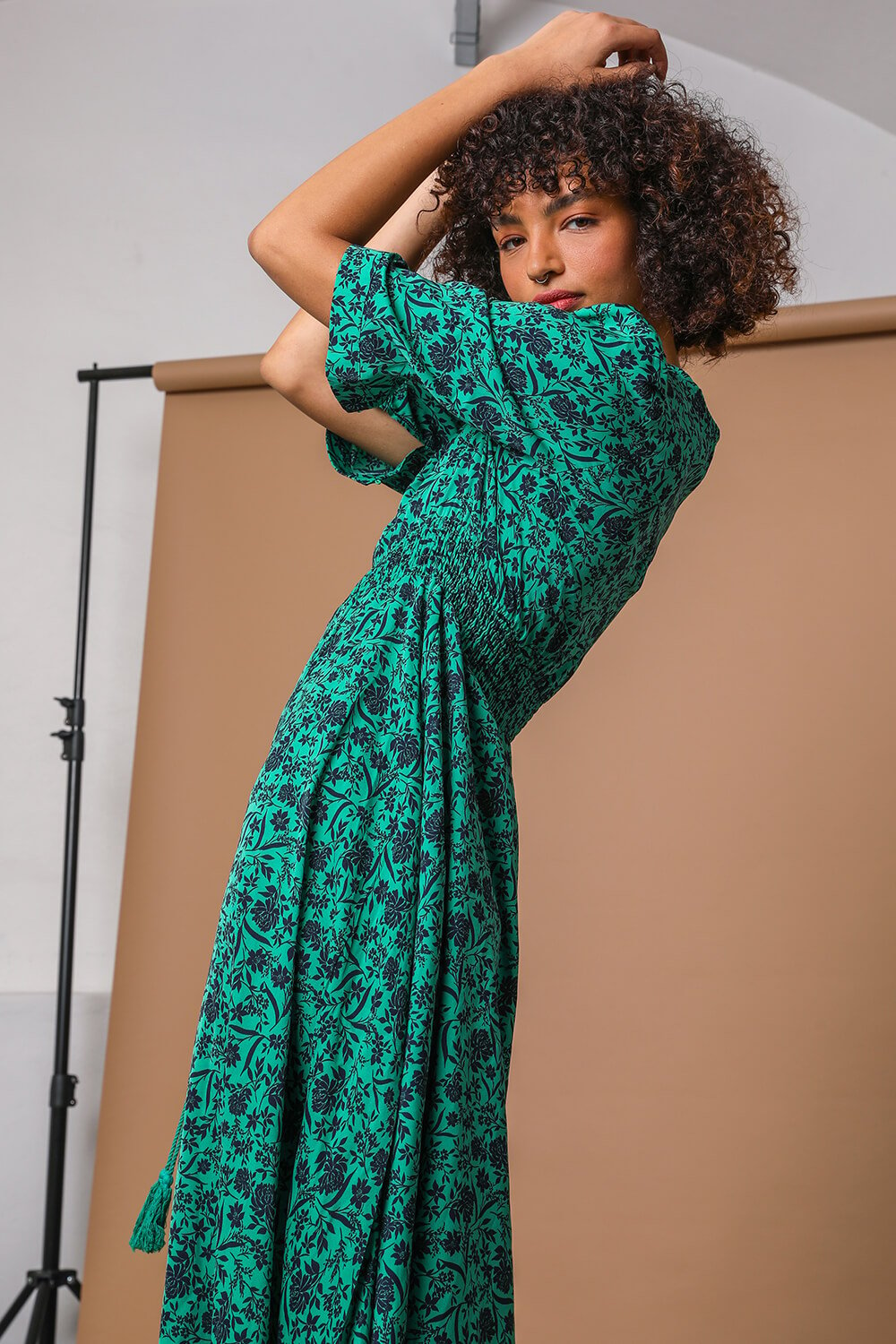 Green Floral Print Shirred Waist Maxi Dress | Roman UK