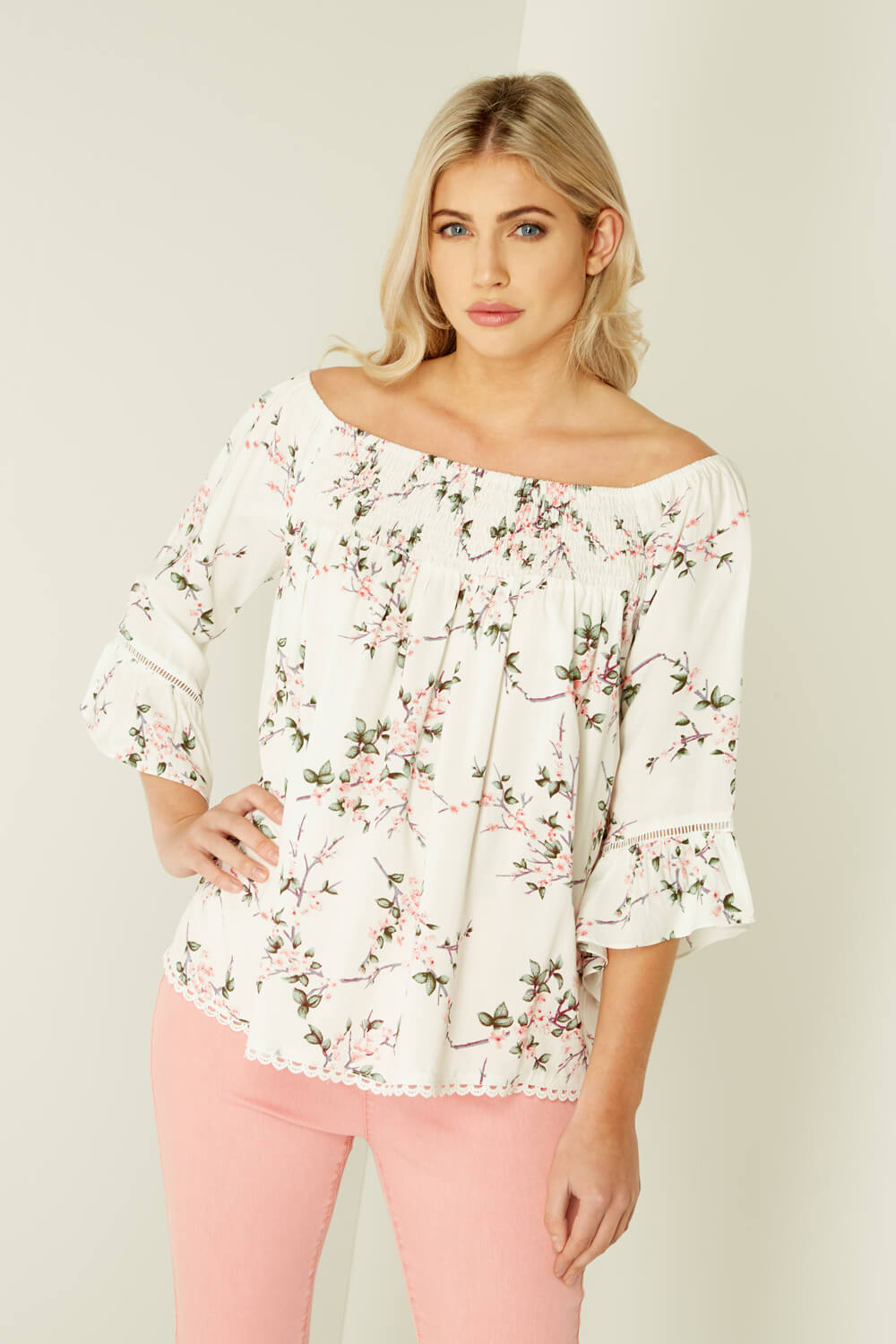 Floral Print Bardot Top in Ivory - Roman Originals UK