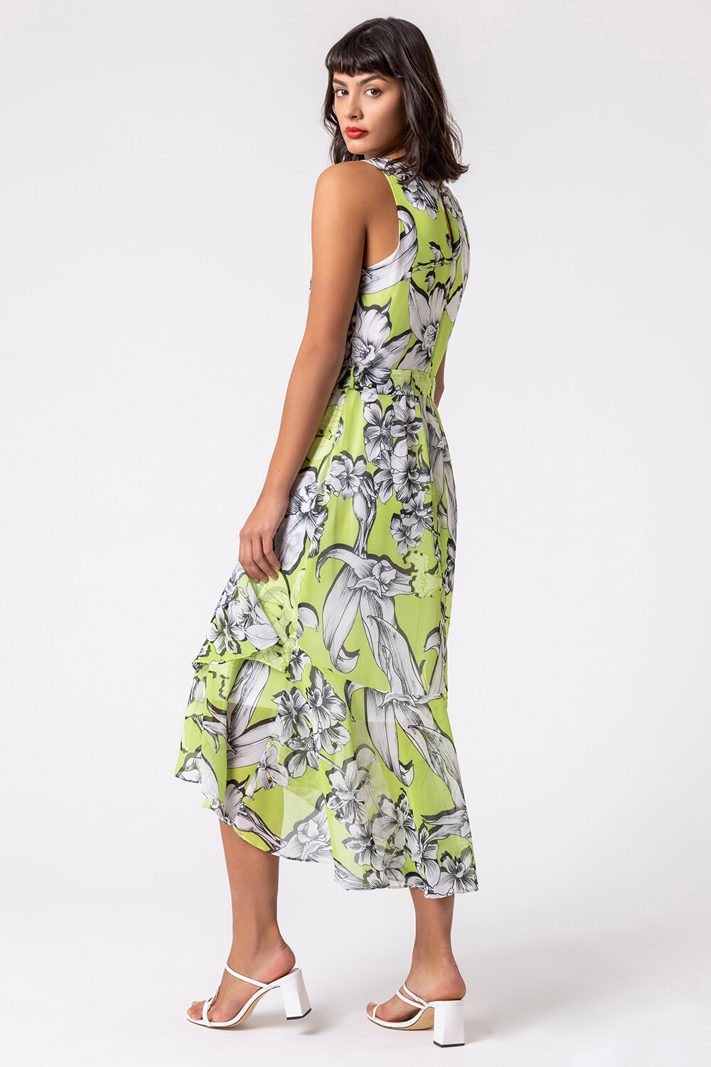 Lime Floral Tie Waist Dipped Hem Dress, Image 2 of 4