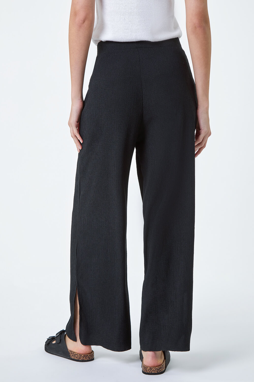 Black Crinkle Side Split Stretch Trousers, Image 3 of 5