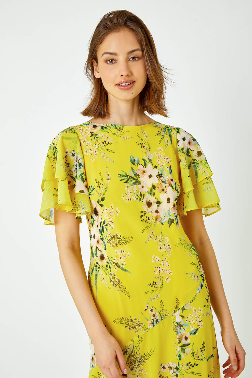 Yellow Floral Tiered Sleeve Maxi Dress, Image 3 of 5