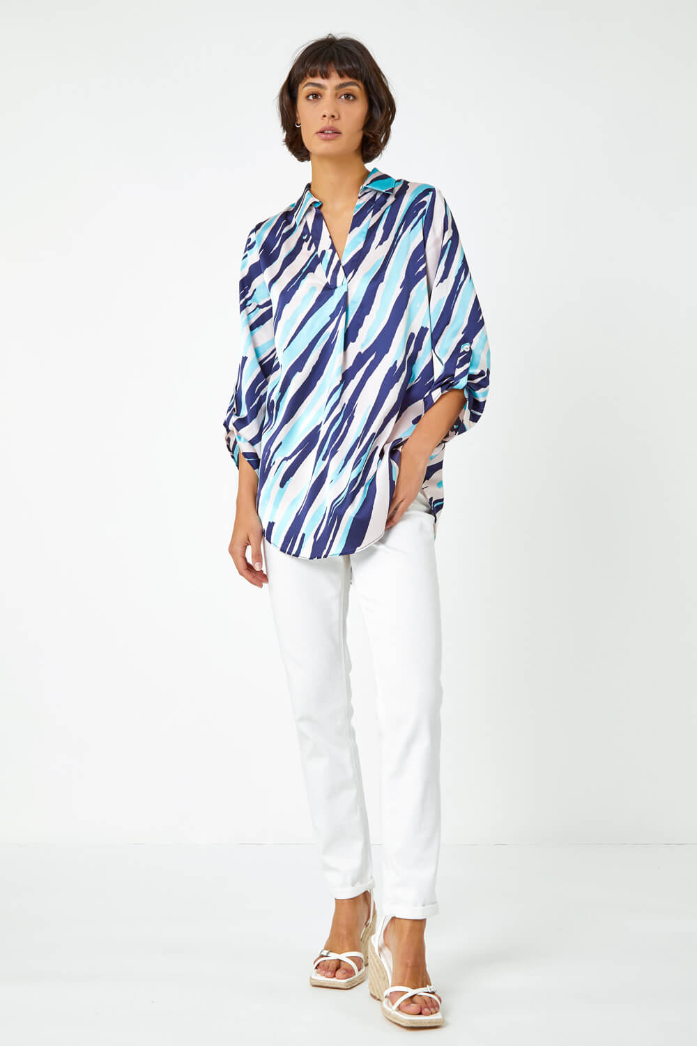 Navy  Abstract Print Collared Overshirt, Image 2 of 5