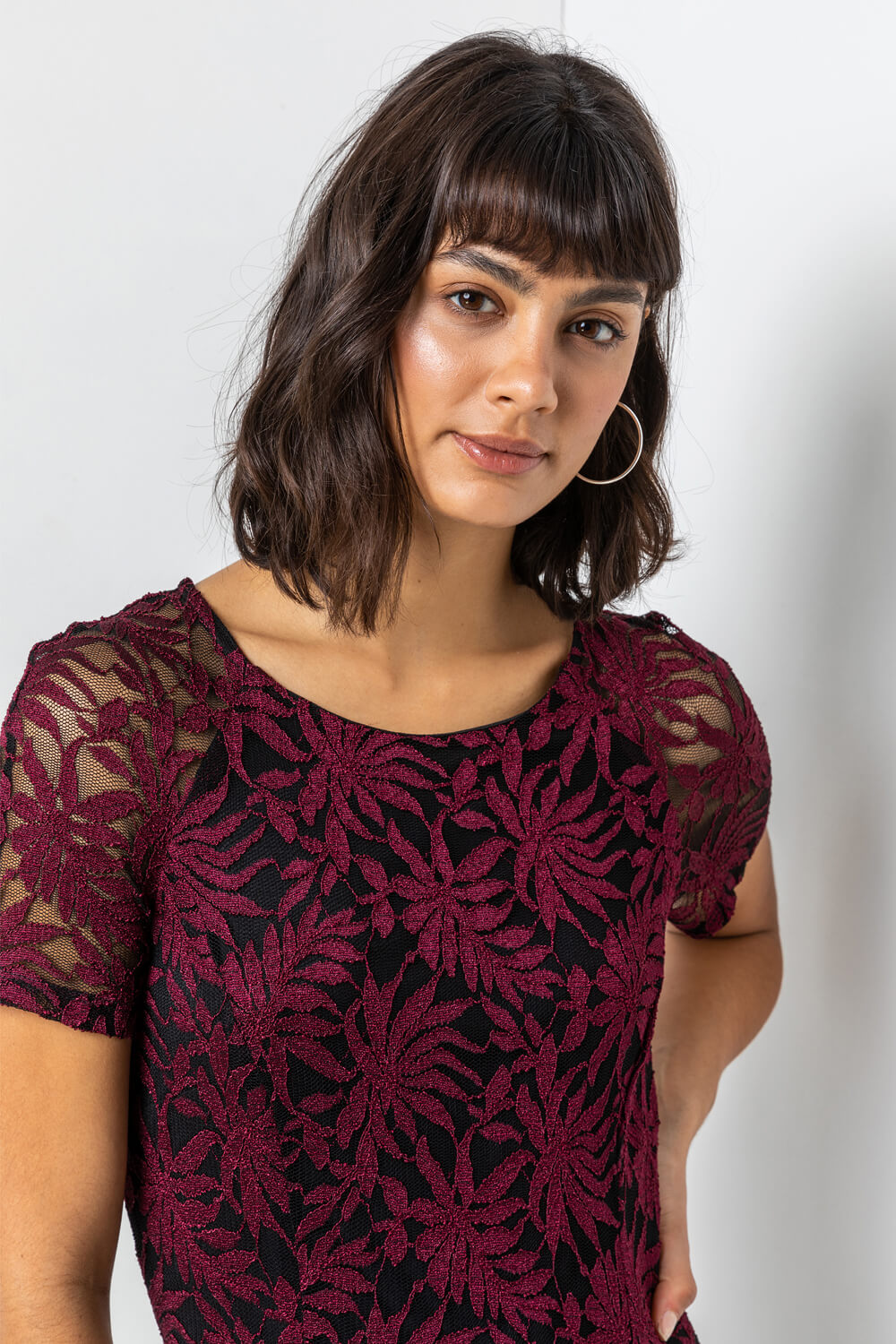 Wine Palm Print Lace Fitted Dress, Image 4 of 5