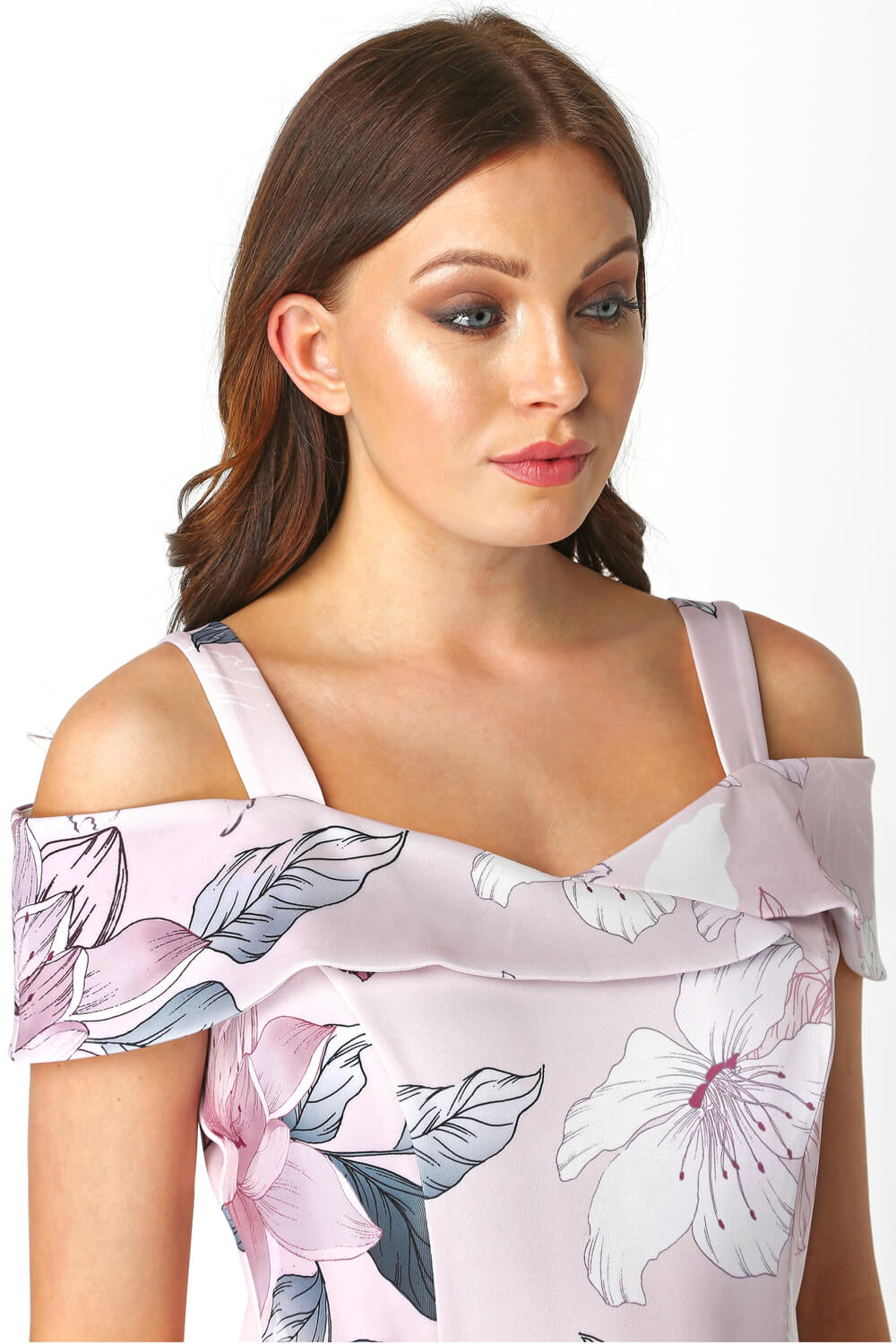 Light Pink Floral Print Cold Shoulder Dress, Image 4 of 5