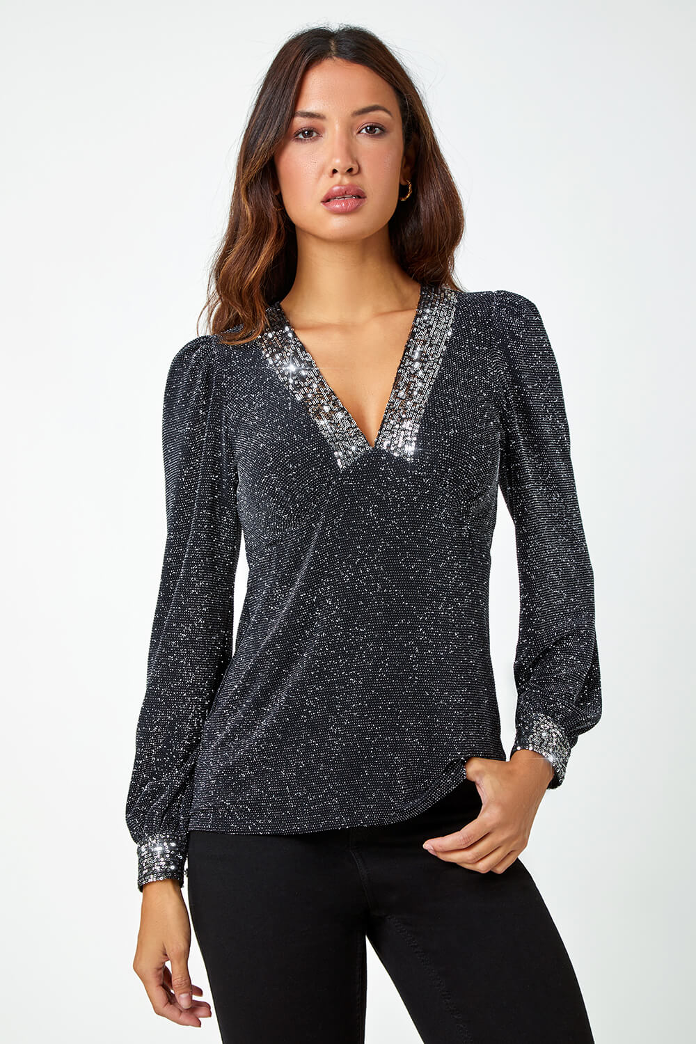 Silver Sequin Trim Shimmer Stretch Top, Image 4 of 5