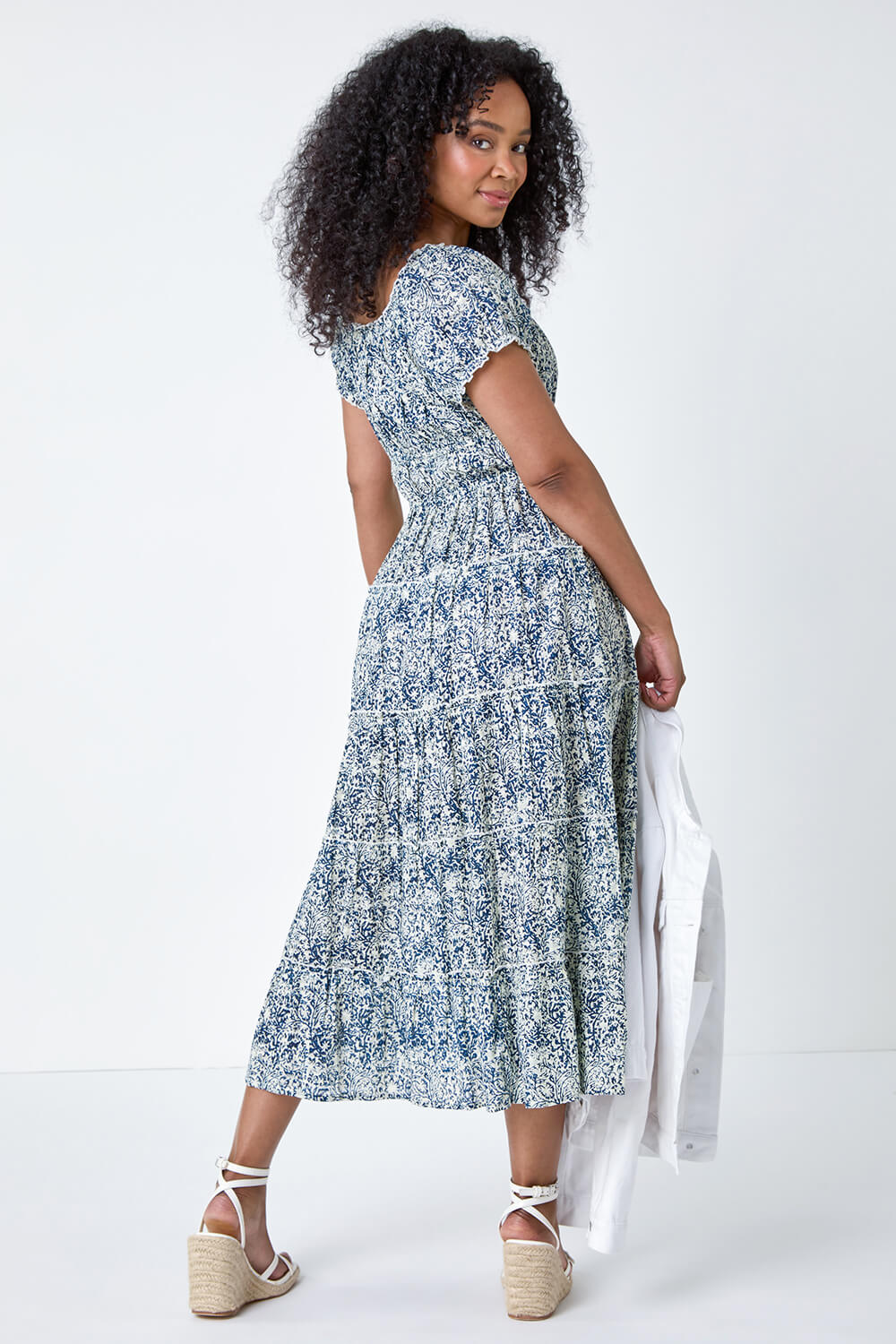 Blue Petite Abstract Puff Sleeve Cotton Dress, Image 3 of 5