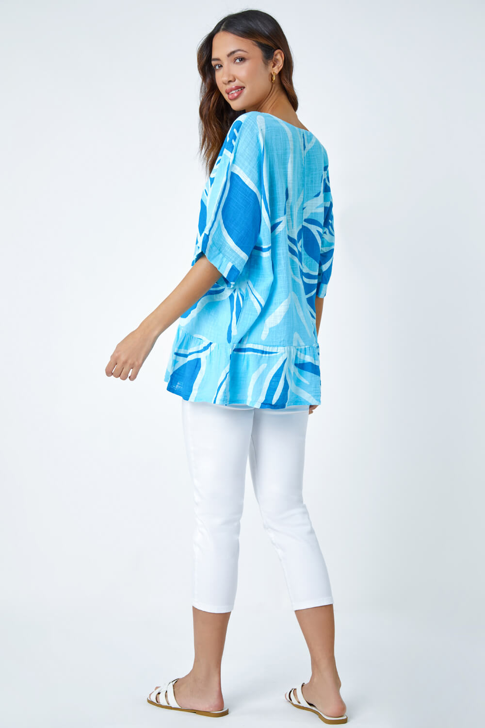 Blue Cotton Oversized Floral Tunic Top, Image 3 of 5