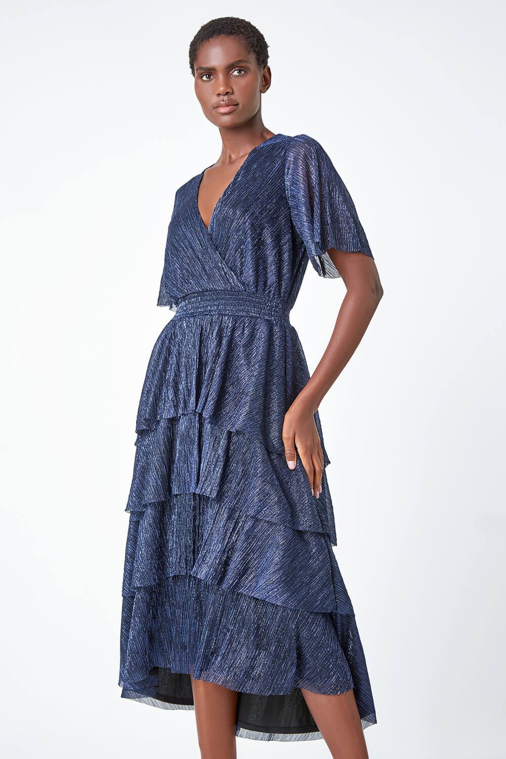 Midnight Blue Shimmer Tiered Midi Dress, Image 2 of 5