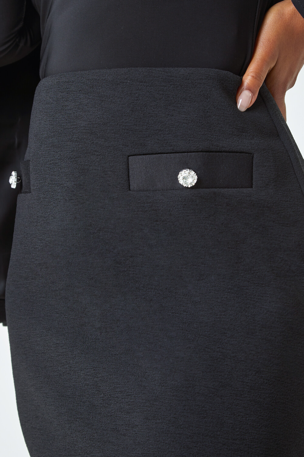 Black Petite Diamante Button Stretch Skirt , Image 5 of 5