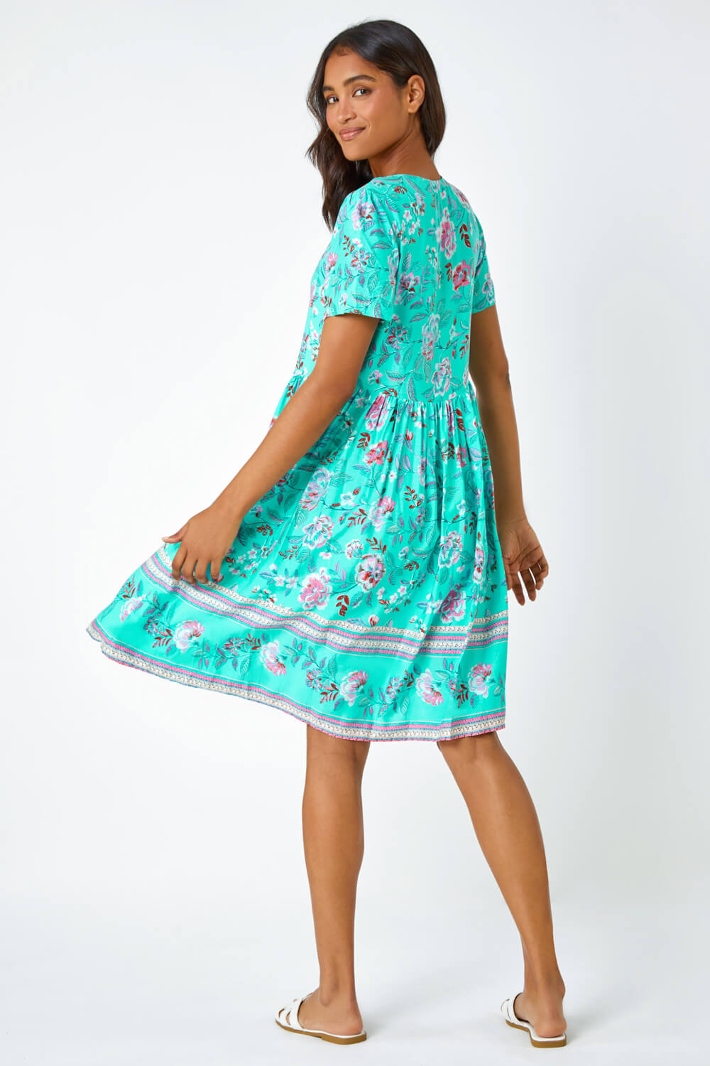 Turquoise Floral Border Print Smock Dress, Image 3 of 5