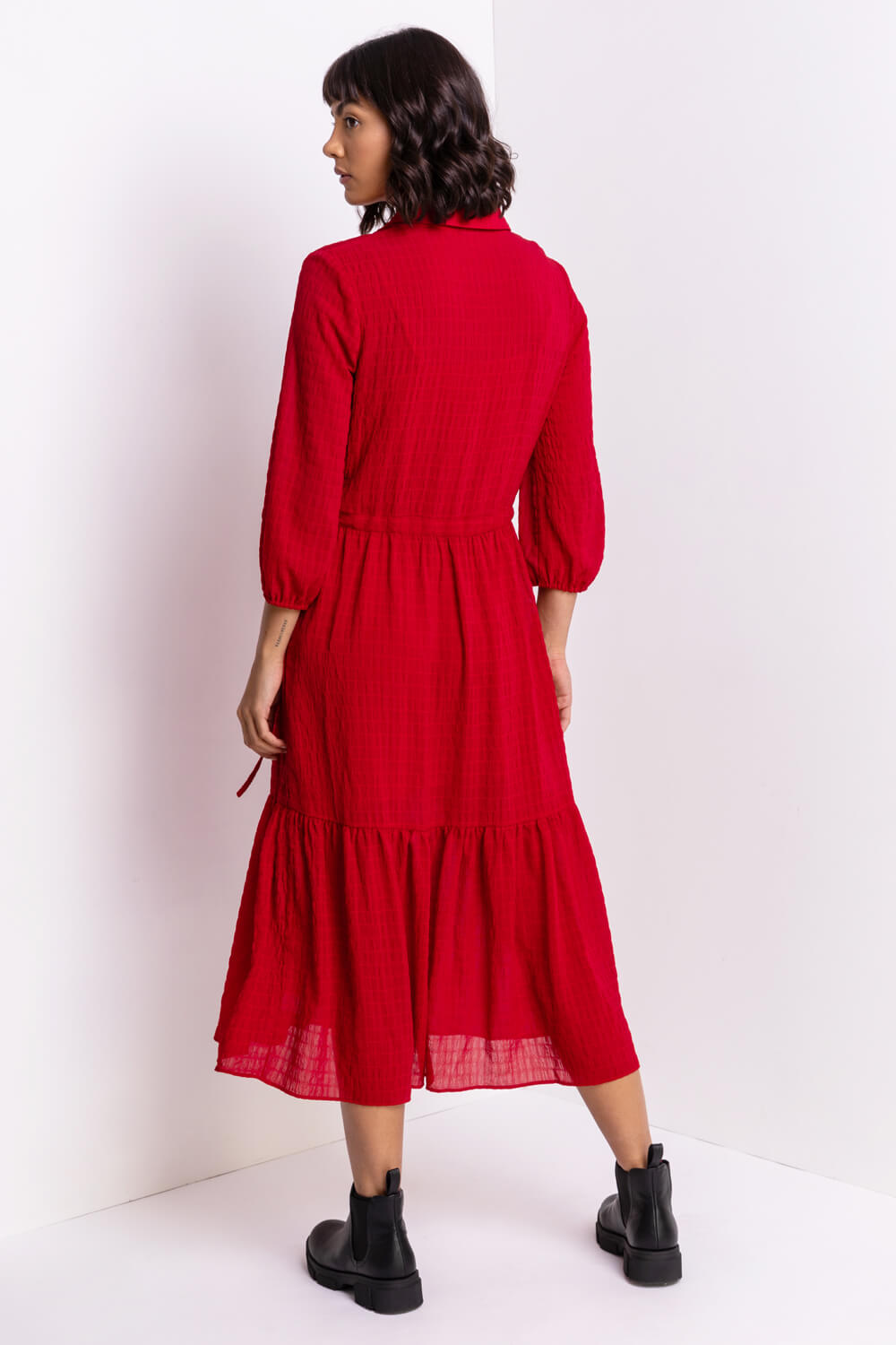 Red Tiered Textured Midi Shirt Dress, Image 2 of 5