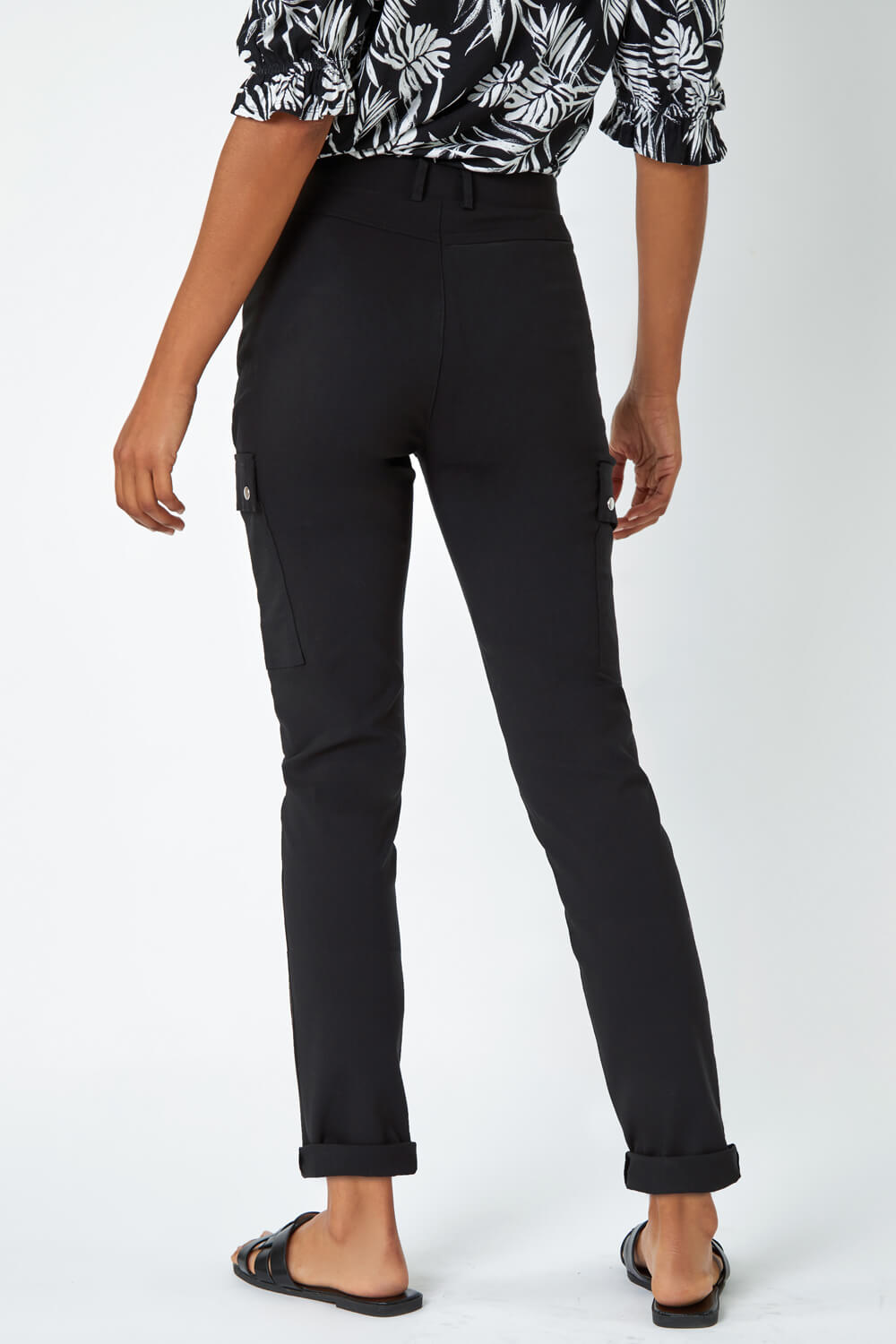 Black Turn Up Stretch Cargo Trousers, Image 4 of 5