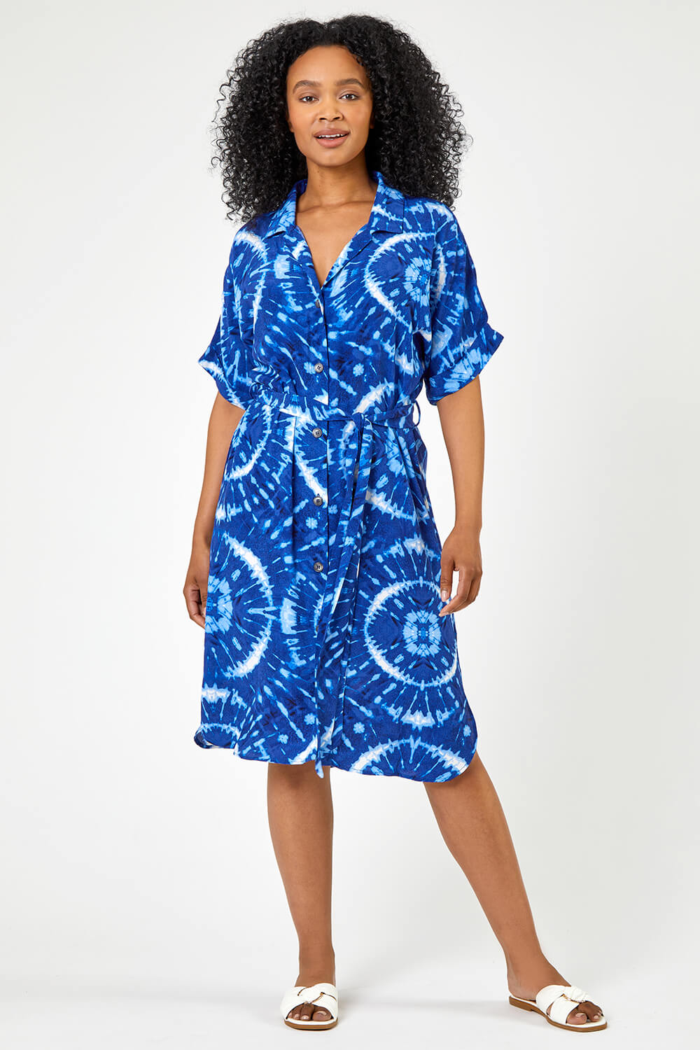 Petite Tie Dye Print Shirt Dress in Blue | Roman UK