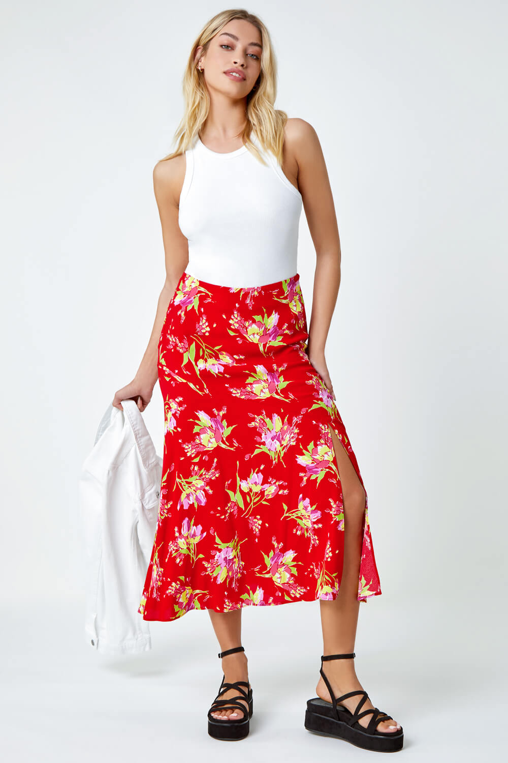 Floral Asymmetric Frill Midi Skirt