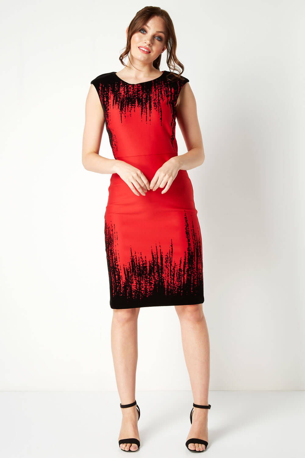 Red Flocking Detail Dress, Image 2 of 4