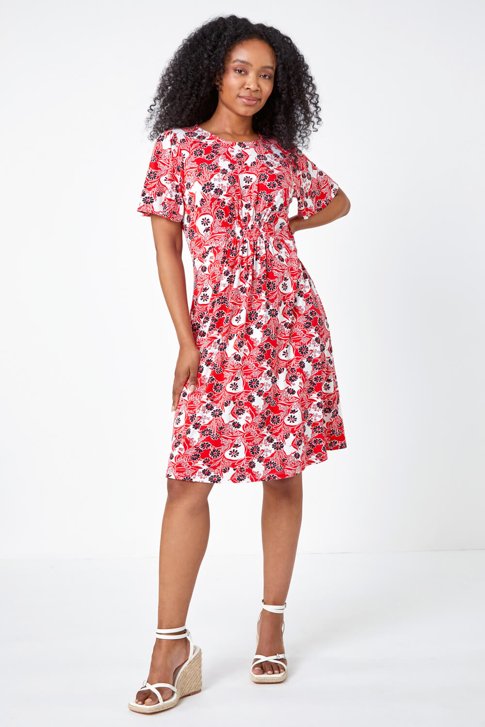 Red Petite Floral Stretch Tea Dress, Image 2 of 5