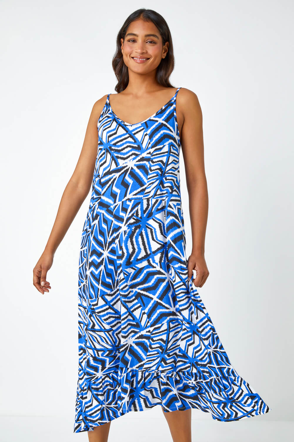 Blue Abstract Print Pocket Midi Dress, Image 2 of 5