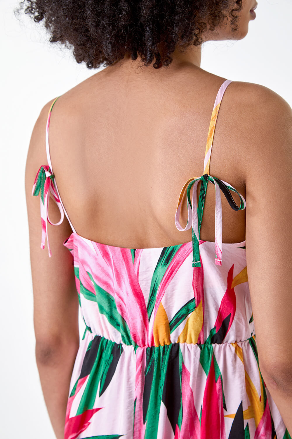 Light Pink Tropical Leaf Tie Detail Midi Dress, Image 5 of 5