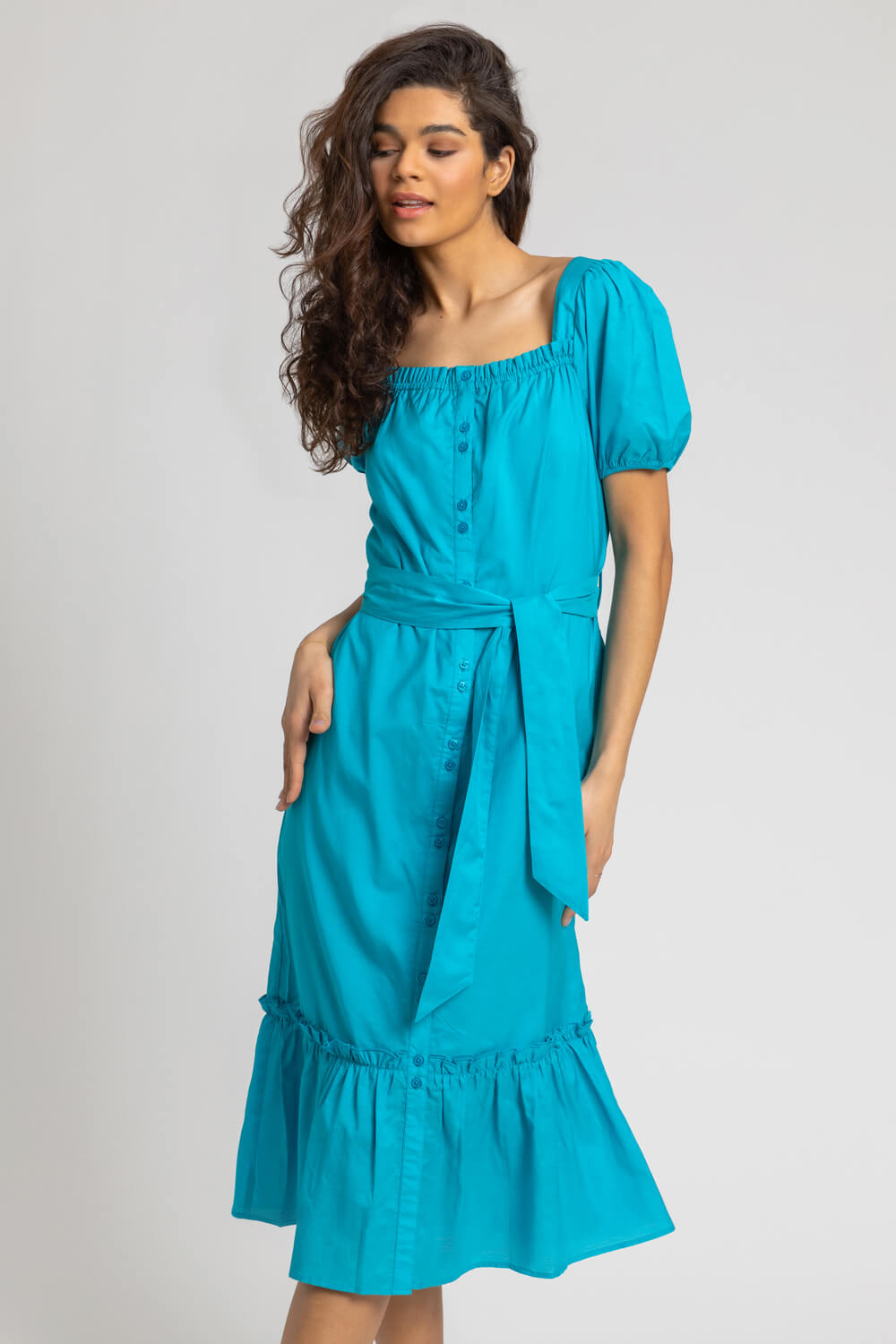 Puff Sleeve Button Through Midi Dress in Turquoise - Roman Originals UK