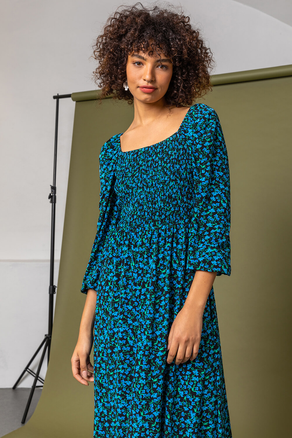 Blue Shirred Floral Print Midi Dress, Image 3 of 5