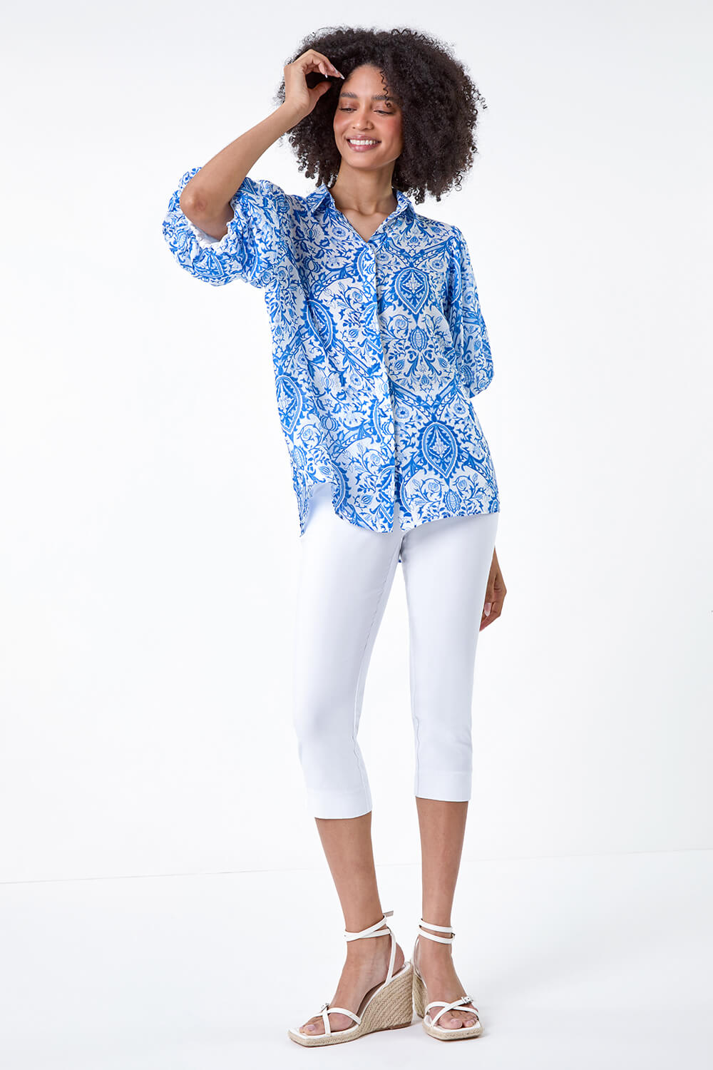 Blue Floral Print Puff Sleeve Shirt, Image 4 of 5