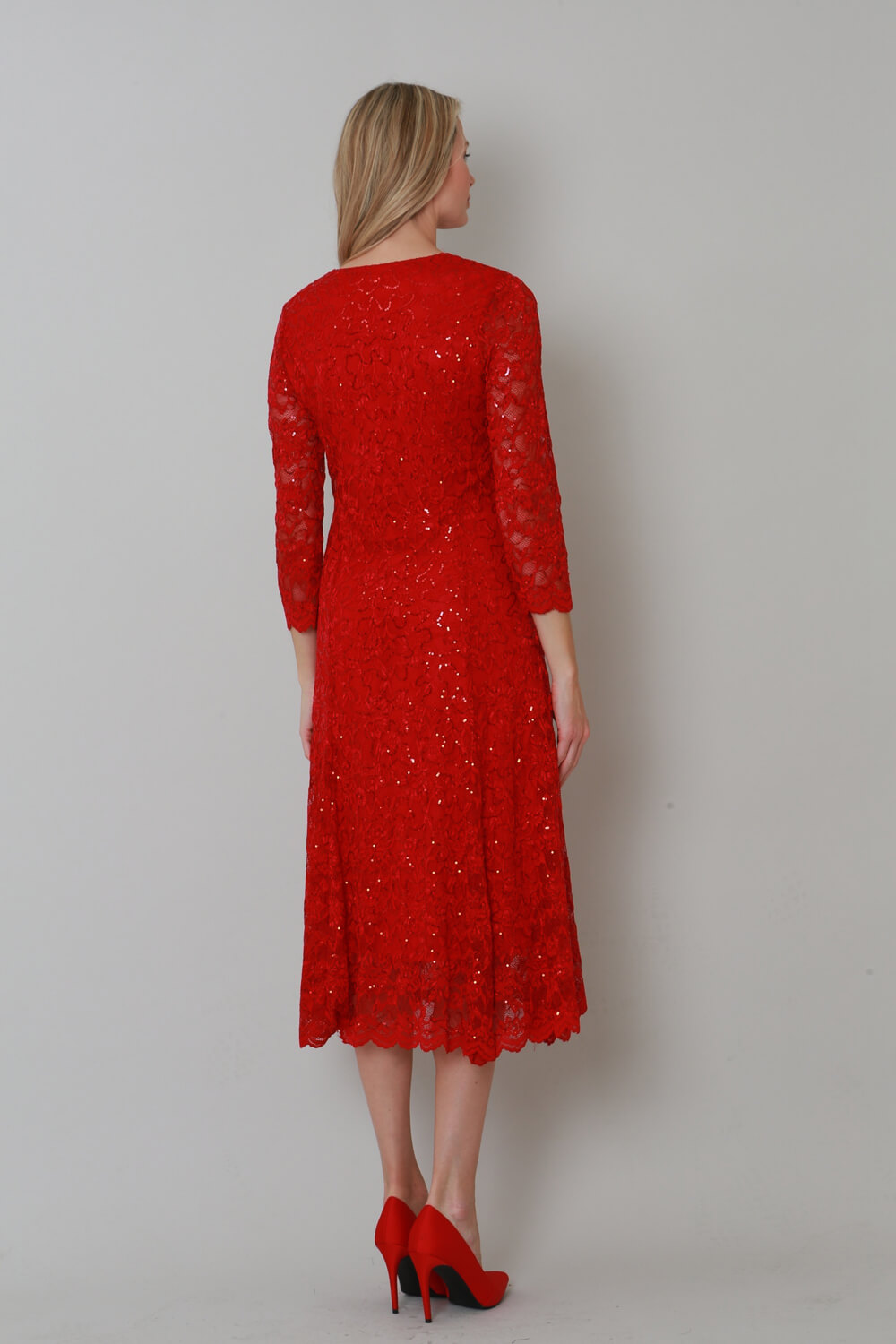 Red Julianna Sequin Lace Midi Dress, Image 2 of 4
