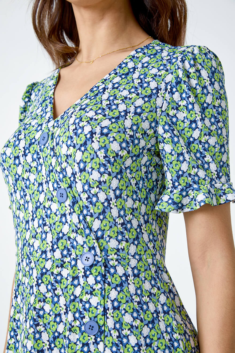 Green Ditsy Floral Side Button Dress, Image 5 of 5