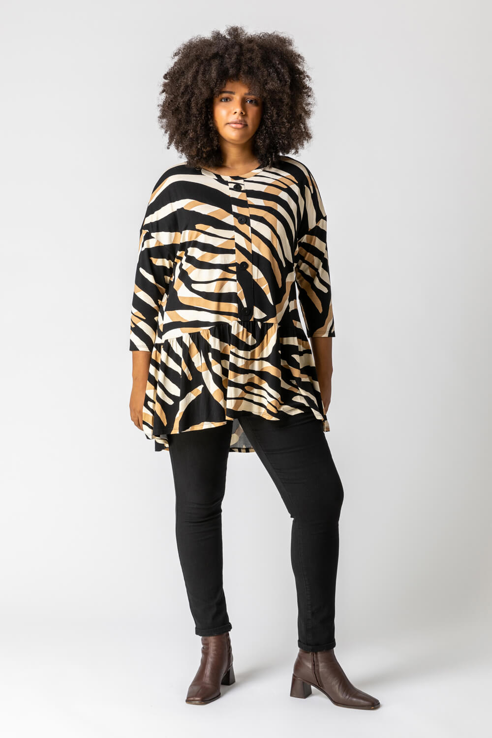 Camel  Curve Animal Print Button Smock Top, Image 5 of 5