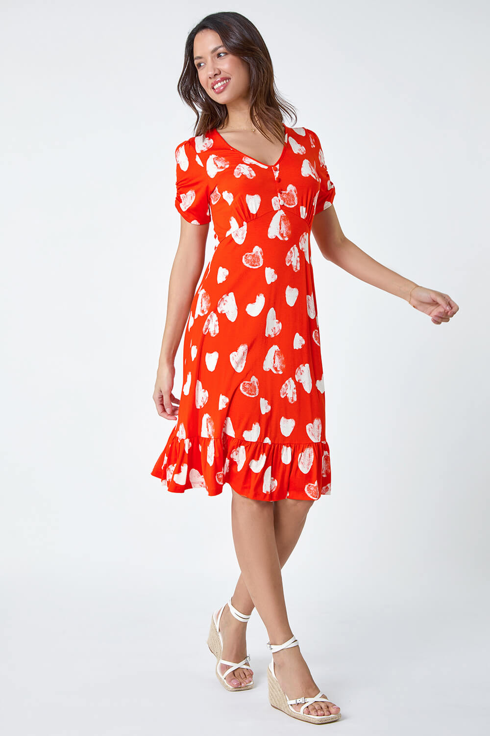 Red Heart Print Frill Hem Stretch Dress, Image 2 of 5