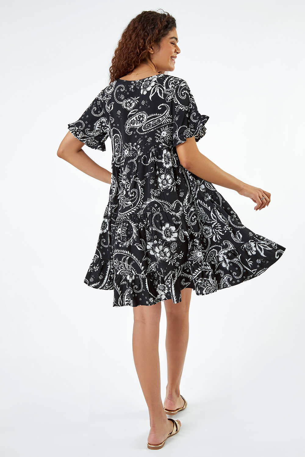 Black Paisley Floral Tiered Smock Dress, Image 3 of 5