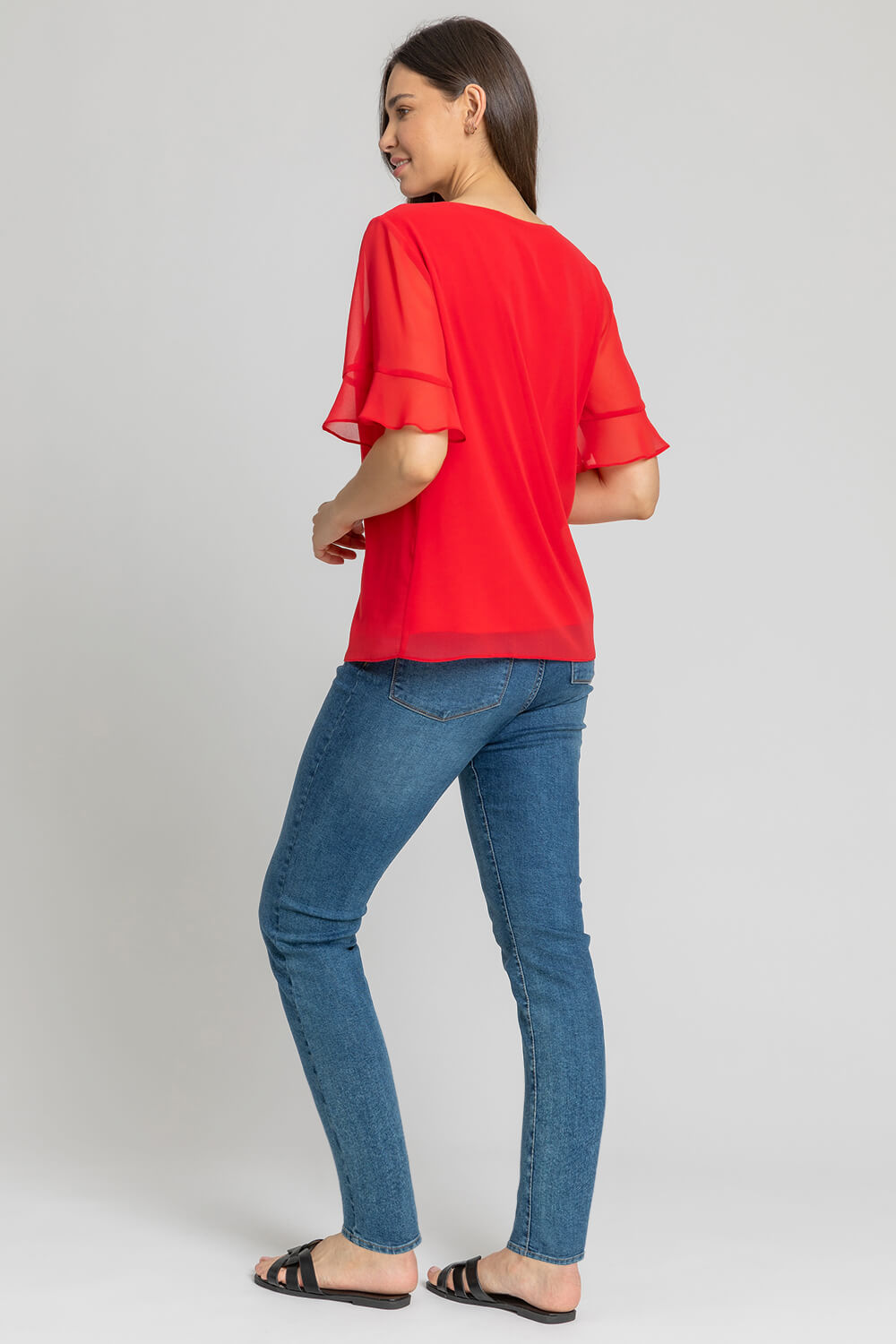 Red Plain Frill Detail Chiffon Top, Image 2 of 4