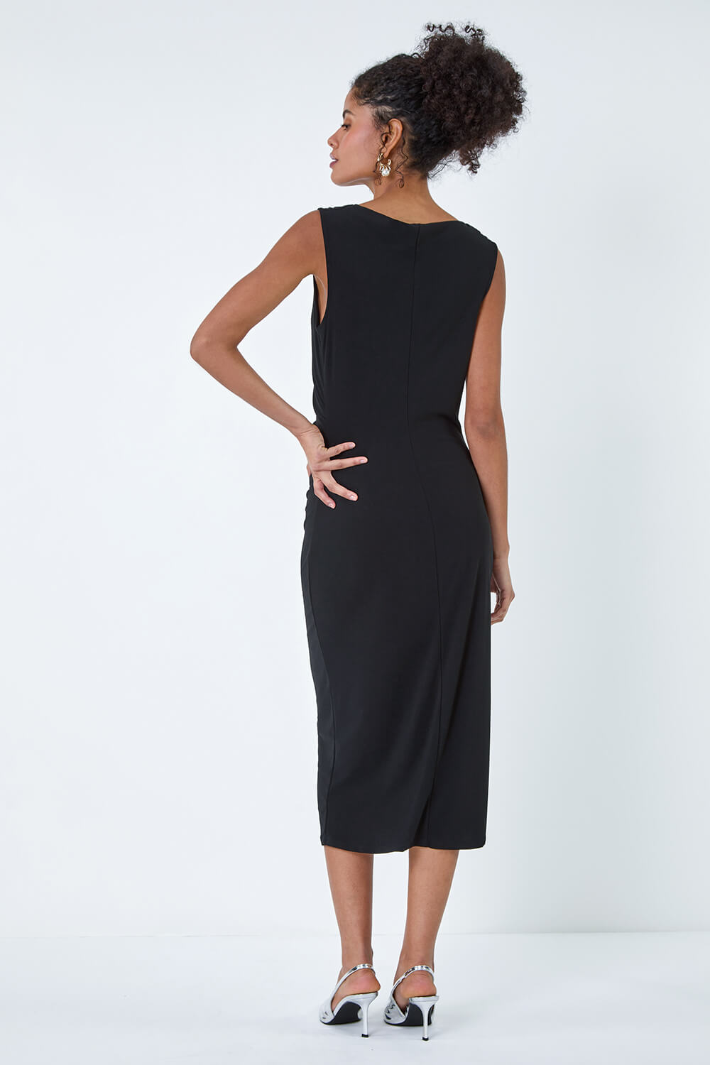 Black Ruched Cowl Neck Stretch Midi Dress, Image 2 of 5